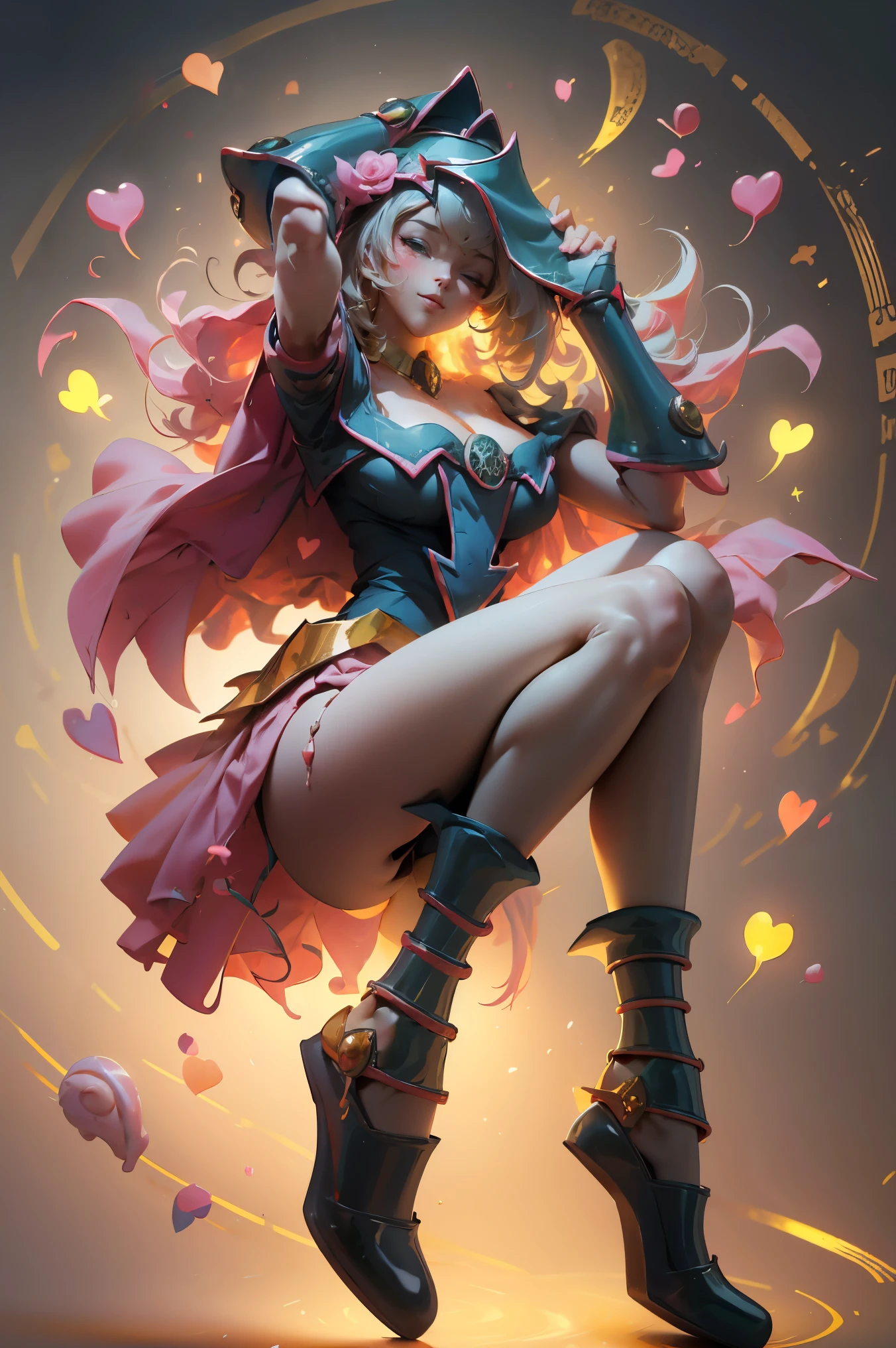 (Obra maestra:1.2), (La mejor calidad:1.2), Perfect lighting, Chica Maga Oscura en tacones, lanzando un hechizo, sonriendo y flotando en el aire, tetas grandes, escote, fondo de magia. Corazones transparente en el ambiente,  ella usa Tacones 