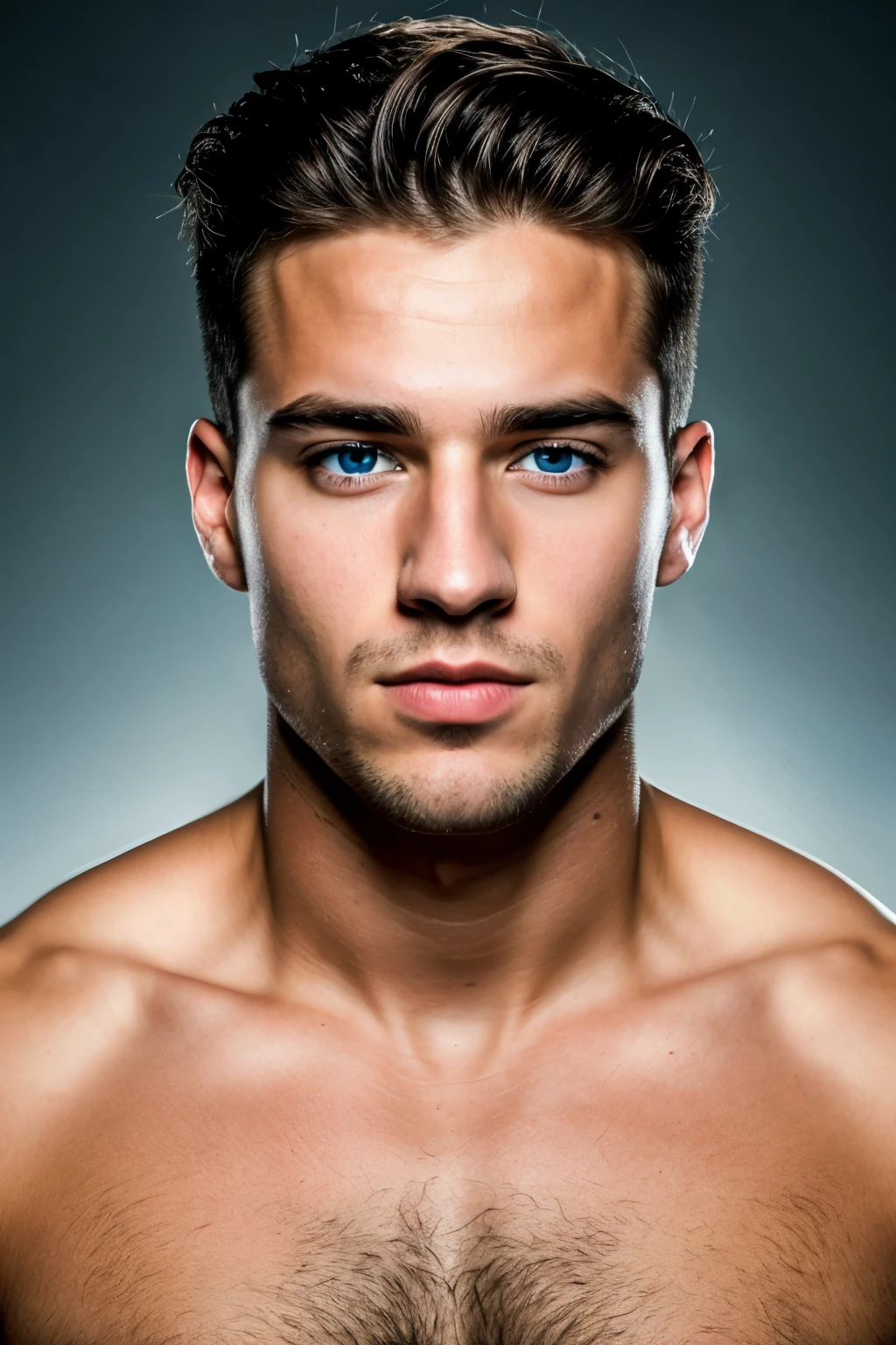 Um retrato extremamente detalhado e realista, showing the face of a 25-year-old man of German descent with piercing blue eyes, bronzeado,sharp facial features, e um queixo forte, musculoso, Captured in ultra-high resolution with the best lighting and shadow, 4k,