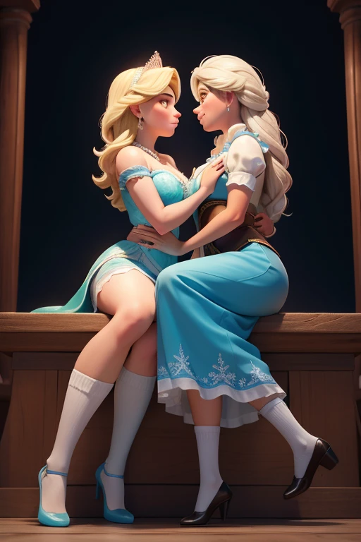 obra prima, melhor qualidade, 2 meninas, Princesa Anna de cabelo ruivo, Elsa de cabelo loiro, lesbian kiss, frozen, mama exagerada, bico erguido, socks with suspension, fio dental rude, Pose maliciosa, senhora sedutora, Liga do Amor, pernas abertas, BDSM, mulher jovem sexy bonita