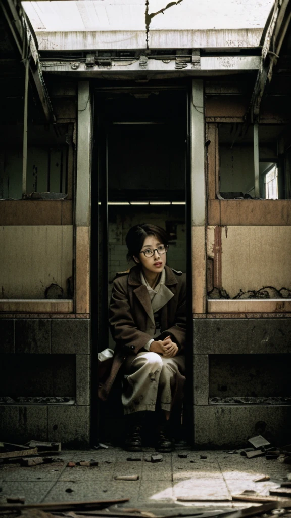 subway,Showa,Collapse,Devastation,Inside the ruins,Glasses,Women,adventure,Black and White,