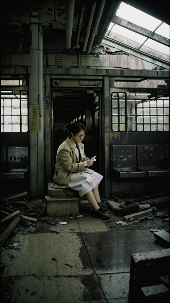 subway,Showa,Collapse,Devastation,Inside the ruins,Glasses,Women,adventure,Black and White,