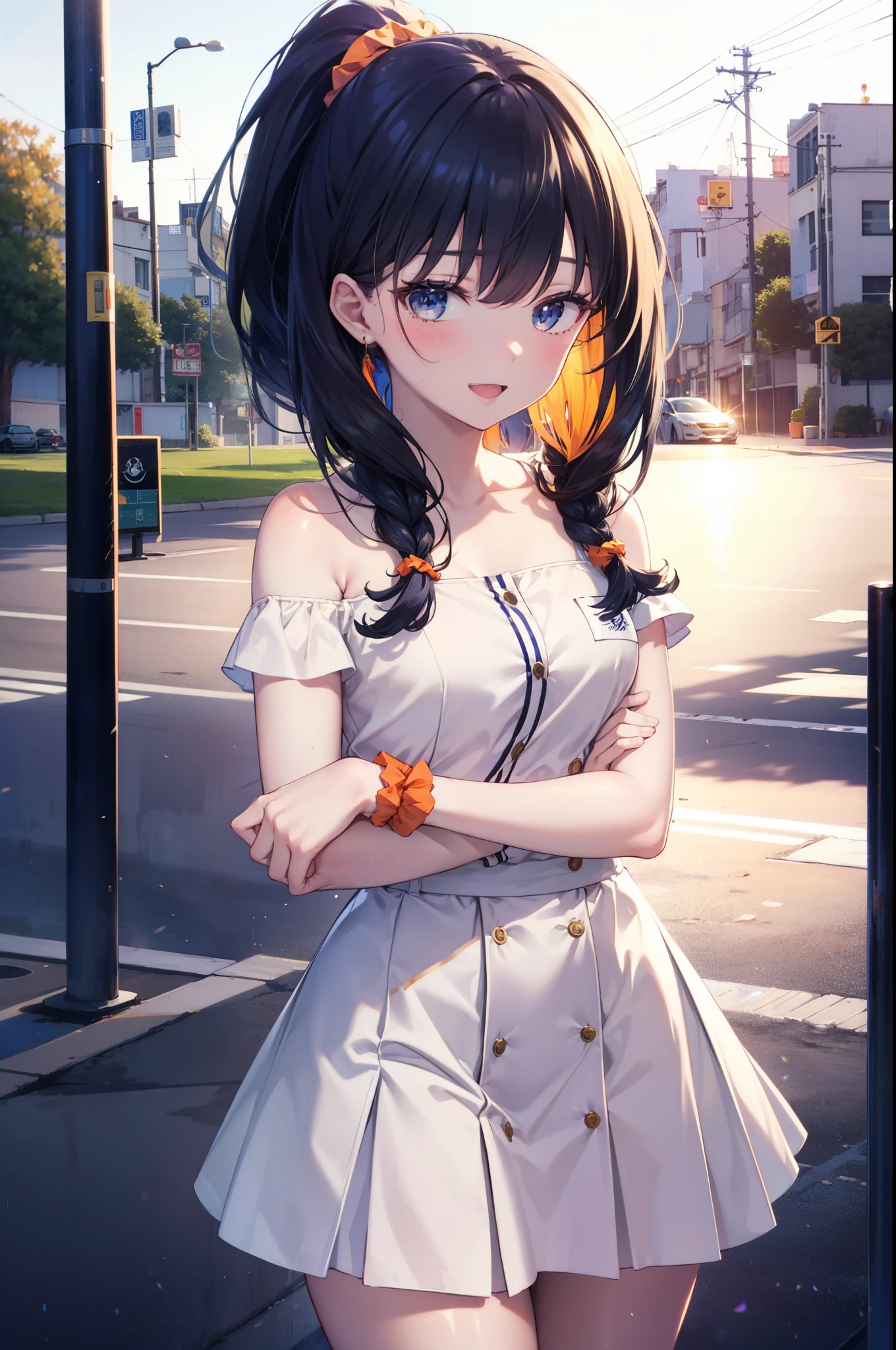 Rikka body, rikka takarada, Black Hair, blue eyes, Long Hair, orange Scrunchie, Scrunchie, wrist Scrunchie,Off-the-shoulder sleeveless dress,Bare shoulders,Bare neck,Bare arms,bare clavicle,Long skirt,sneakers,Baseball hats,happy smile, smile, Open your mouth,Short braided hair,ponytail,whole bodyがイラストに入るように,
break outdoors, Coastal Road,In town,
break looking at viewer,whole body, (Cowboy Shot:1.5),
break (masterpiece:1.2), highest quality, High resolution, unity 8k wallpaper, (figure:0.8), (Beautiful fine details:1.6), Highly detailed face, Perfect lighting, Highly detailed CG, (Perfect hands, Perfect Anatomy),