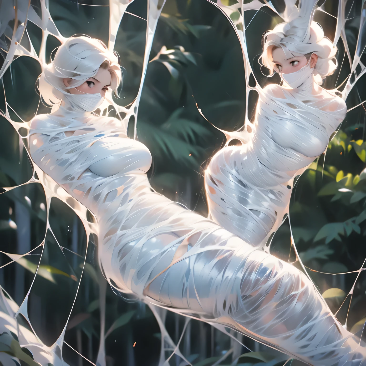 a woman in a tight web bondage, cocooned, struggle in the web