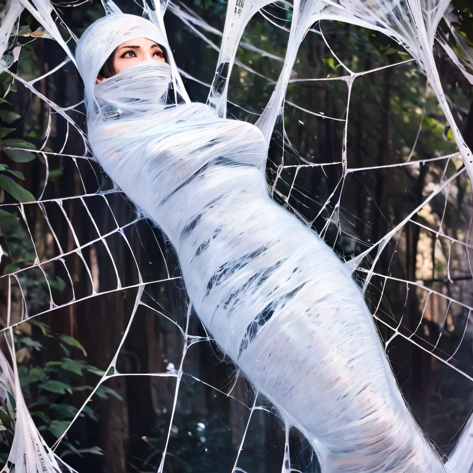 a woman in a tight web bondage, cocooned, struggle in the web