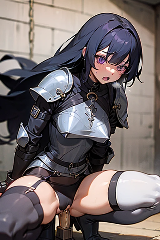 Only One Woman、Black Hair、Purple Eyes、Long Hair、Medium sized breasts、female knight、Wearing black armor、Wearing stockings、garter belt、Urinating in the basement、Leaning forward、Spread your legs、Squat positions、shortness of breath、Open your mouth、Watery eye、Spilling urine from the crotch、Front of the body、Handcuffs、Bondage、Suppressed、Bound in chains
