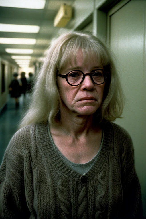 Eighteen-year-old Molly Ringwald, prematurely aged, scowling, with long white hair with bangs, wearing round glasses and sweater, cataracts in eyes, prematurely elderly, rapid aging, holding textbooks to her chest, nervous, rusted leg braces, dentures, shy, scene from 1986 psychological sci-fi horror film, directed by Michael Mann, extremely realistic, extremely detailed, extreme realism, extreme detail, award-winning prosthetics by Dick Smith, shot on 35mm film, 35mm film, cinematography by Dante Spinotti, moody, atmospheric, high school hallway, muted color palette, wrinkles, sunken eyes, aging disorder, elderly, school outcast, old lady