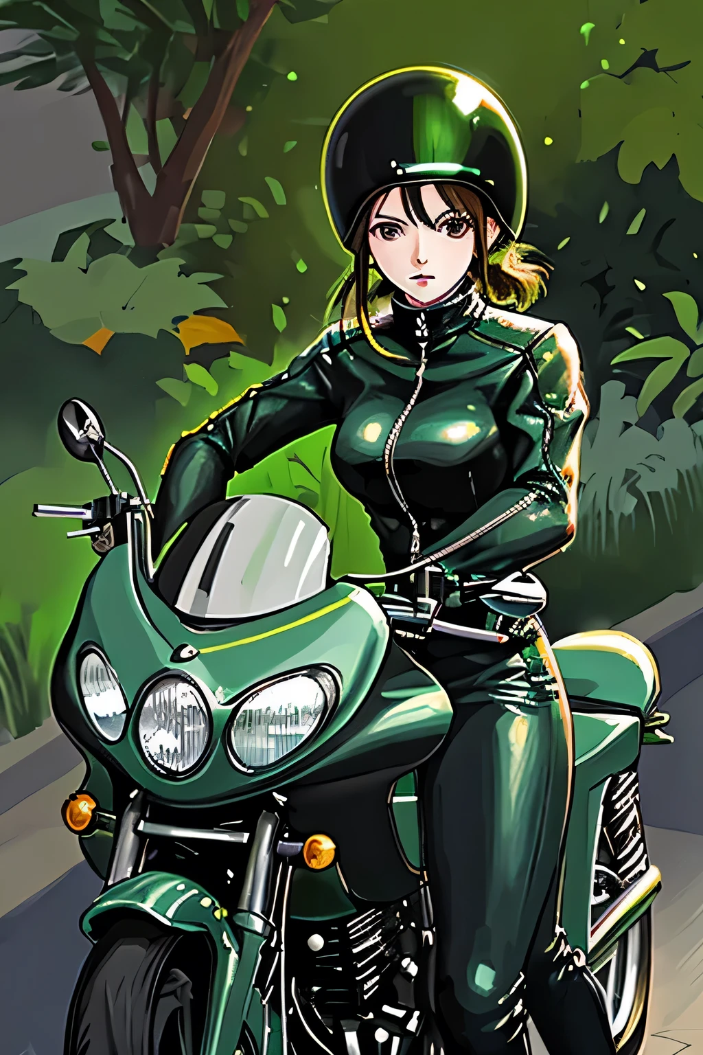 En Valencia, skinny 20 year old woman very nice,piel morena,green biker suit with two red circles hands on the handlebars of the motorcycle,,park your motorcycle in the garden, female biker putting on her helmet,manos llevan el casco hacia la cabeza, very tight black leather pants ,el casco es rojo intenso, the woman is crouched looking at the motorcycle que tiene enfrente ,la mujer esta asustada mirando sus manos abiertas , rojo casco