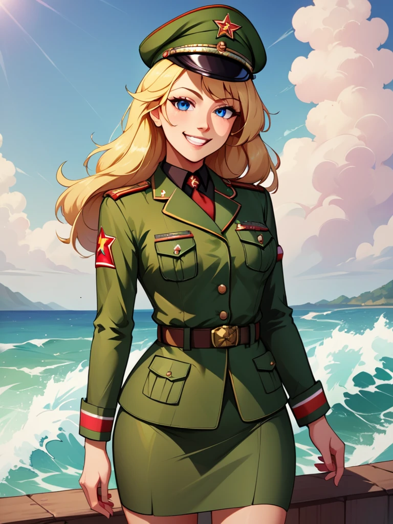 check_9, check_8_up, check_7_up, source_аниме BREAK 1girl, One,Soviet Military Uniform, soviet cap, belt, Blonde hair, hair down, Look at the viewer, emotions, smiling, skirt, Blue eyes, standing on the field, waves his hand