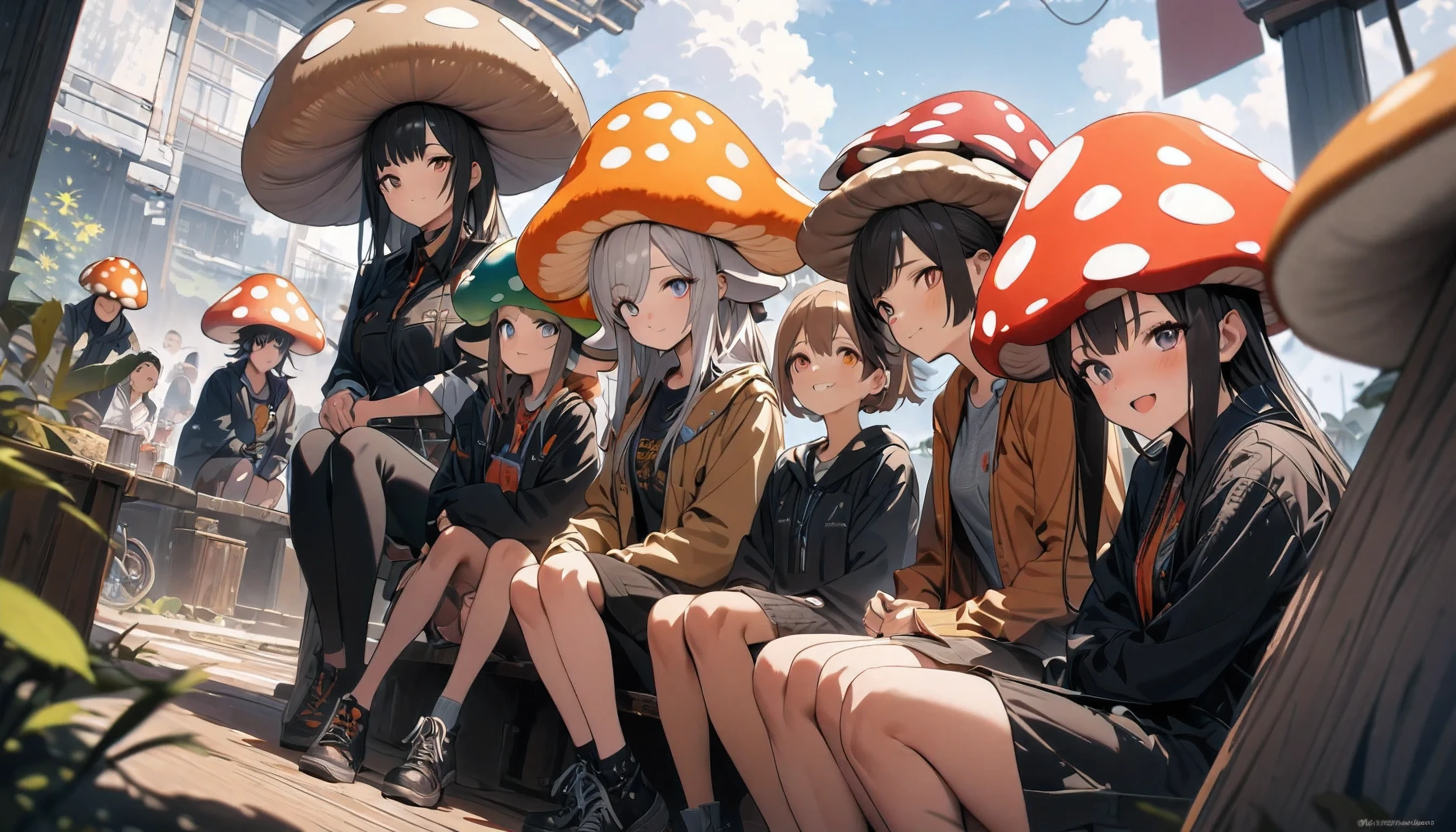 A group of 5 people, wearing mushroom hat, sitting together, high quality, super detailed
