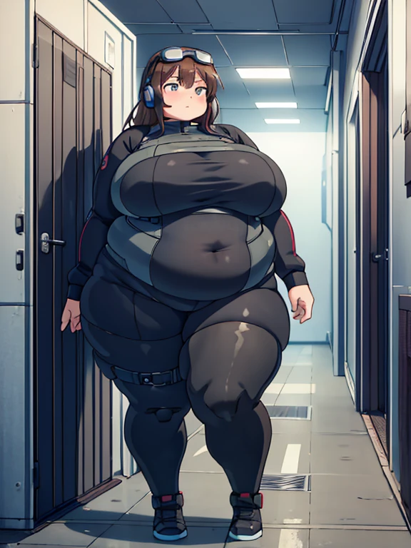 Massively obese tactical spy soldier girl, fat rolls, short brown hair, (obese belly):1.4, (obese thighs):1.4, bbw, wide hips, goggles, tall black boots, flustered, stuck, bodysuit, large ass, headset, ussbbw, (stuckage):1.2 extremely chubby, BREAK metal walls, facility, hallways, factory, sheet metal, dark, abandoned, vent