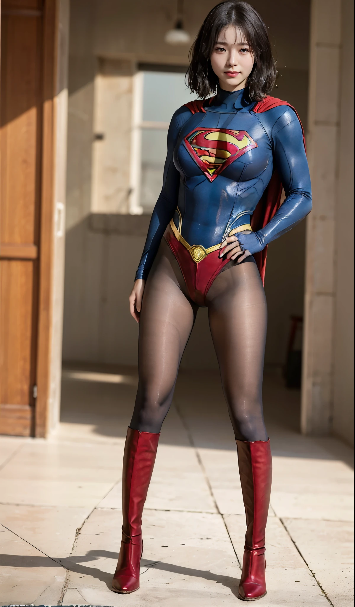 No background、(((Beautiful legs in black tights.)))、(((Legally express the beauty of your smile)))、((((Make the most of your original images)))、(((Supergirl Costume)))、(((Short beautiful hair)))、(((suffering)))、(((Please wear black tights....、Wear red boots)))、((Best image quality、8K))、((highest quality、8K、masterpiece:1.3))、(((Preserve background )))、Sharp focus:1.2、Beautiful woman with perfect figure:1.4、Thin abdominal muscles:1.2、Wet body:1.5、Highly detailed face and skin texture、8K