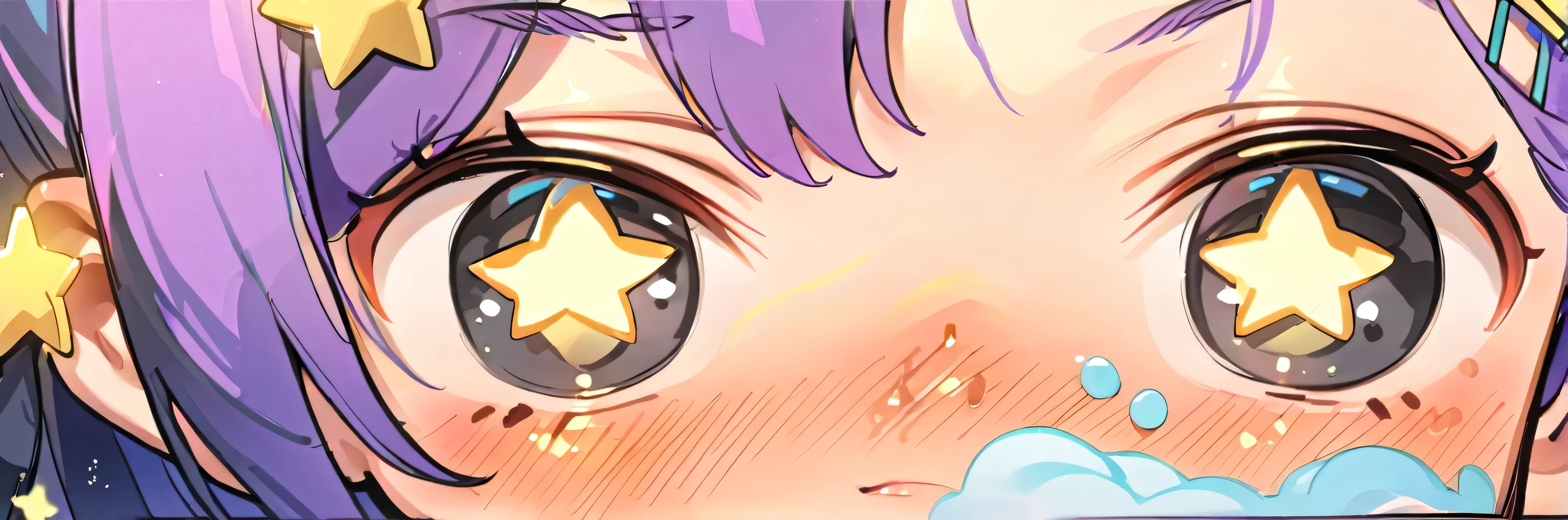 8k, Best quality face, top quality, hentai vibes, She should have long, light purple hair adorned with two blue hair clips on the right side and one yellow star clip on the left side, black eyes, gives sexy vibes