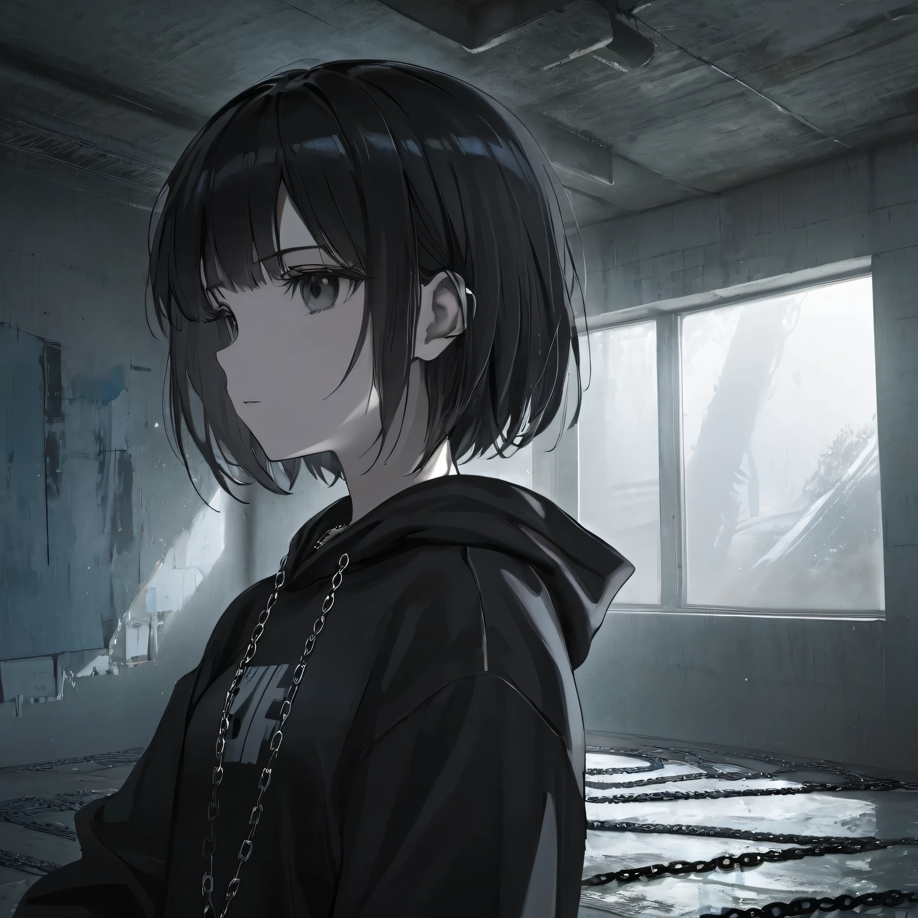 1girl, short black hair, dark fashion outfit, shiny diamond chains, grunge hoodie, contemplative, atmospheric, ethereal, dark scenery, empty room, artwork, cover art, close up, head shot, blurry background, cinematic