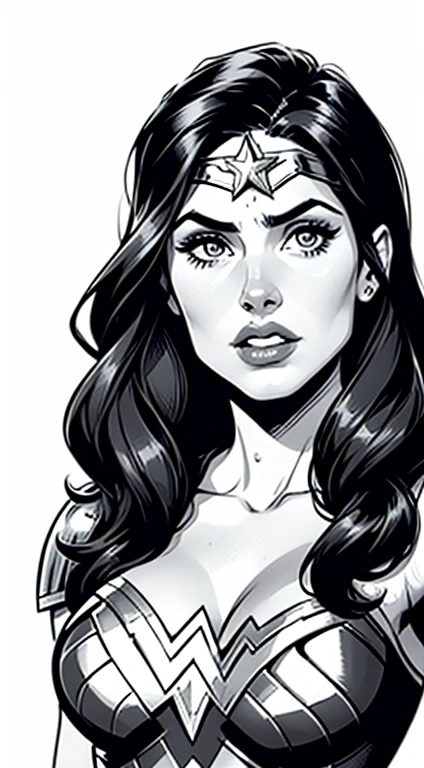 wonder wonder woman by steve - jones, portrait of wonder woman, wonder woman, dc comics art style, retro line art, black on white line art, vector line art, black ink line art, black and white line art, inked digital, vector ink drawing, comic book drawing, comic pinup style, intense line art, extremely fine ink lineart, dc comics style, 