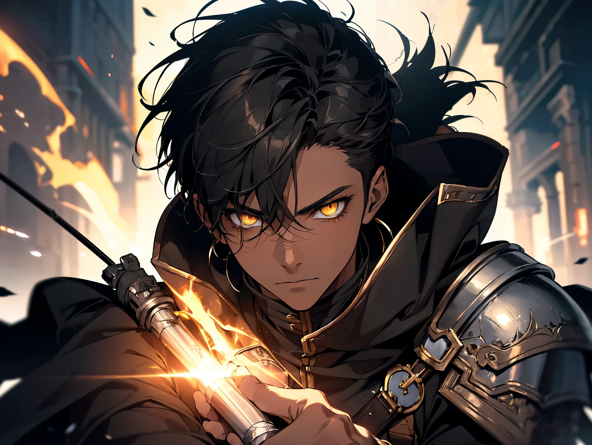 (high-quality, breathtaking),(expressive eyes, perfect face) ((1boy)), male, solo, young adult, black hair, yellow eyes, (short spiky hairstyles) short hair length, (dark skin), soft serious expression, Archer profession, thief attire, cargo pants, lots of belts, Black leather armor, cloak and dagger, environment background, fantasy clothing, fantasy attire, DnD rogue Class, half body, black and brown clothing palette, ((tan skin color)), rogue, leather arm guards, fantasy, (big Stigmata), character focus, ((black light)),((dark lighting)), cinematic lighting ,(darkness), (concept art), (glowing eyes), high resolution, extremely detailed CG unity 8k wallpaper, ((masterpiece)), ((top-quality)), (beautiful illustration), ((an extremely delicate and beautiful)), (masterpiece, Best quality, ultra high resolution), glowing yellow eyes, Luminous_eyes, ultra detailed eyes, Beautiful and detailed face, detailed eyes, (Centered, torso), (wide shot:0.9), facing the viewer, Eye level, ((fully clothed))