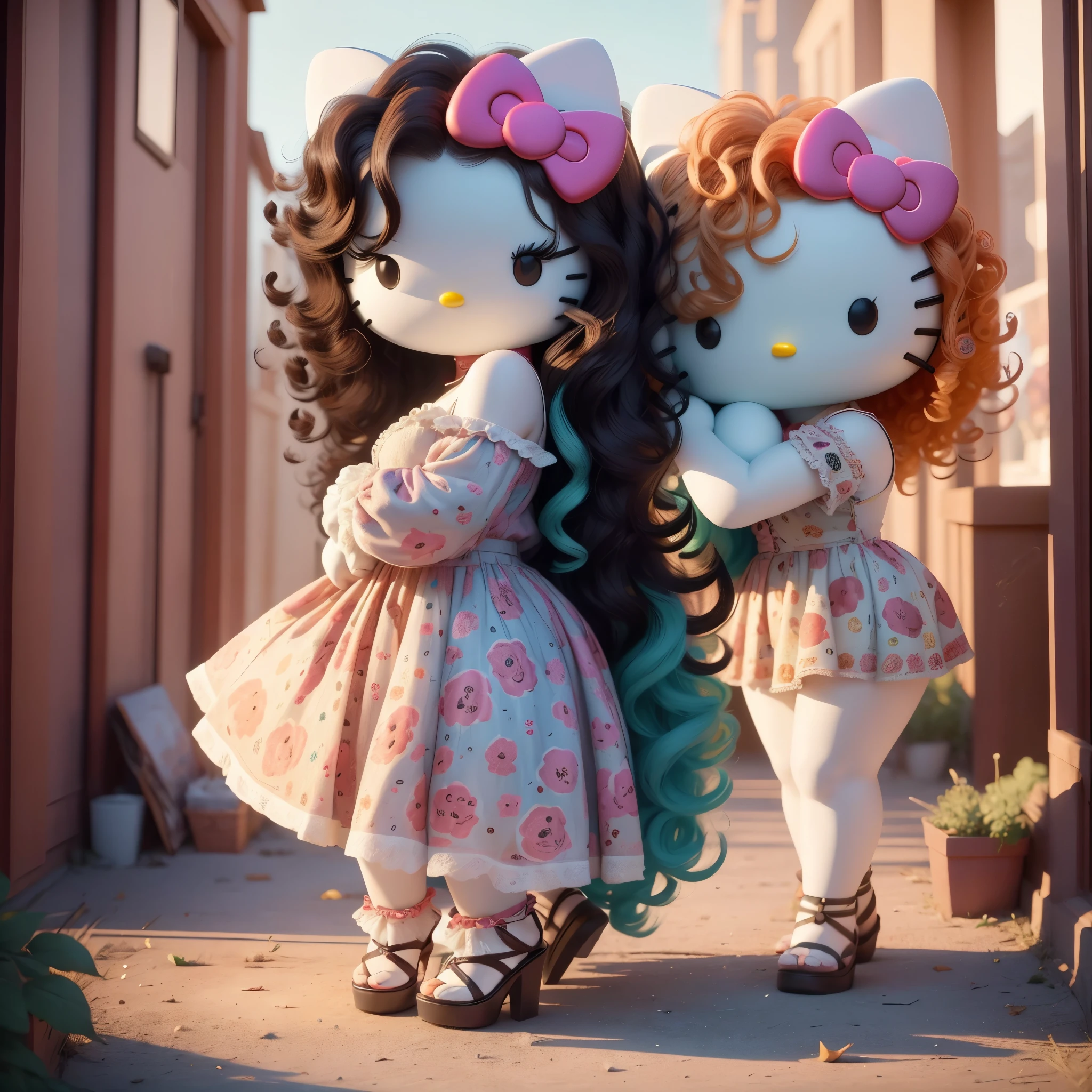 (masterpiece, best quality), (absurdres absolutely resolution), (8k), (detailed illustration), (super fine illustration), (vibrant colors), (professional lighting), (chibi), (not human), (Hello kitty theme), (Hello kitty illustration) hello_kitty

(short curly brown hair), (intricate hair), (messy curly hair), (puffy curly hair), (ornate hair), city background scene, (looking at viewer), whiskers, tail, (full body photo), (hello kitty shape body), 