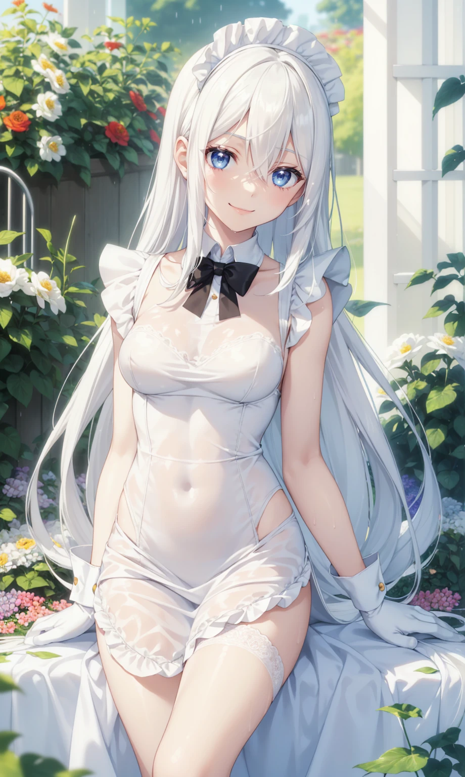 shine white skin.a girl, (((slim body))), (((Maid clothes))),wet, (((  Flower Garden))), slim body, , slender, body, a pretty girl, Smile, White hair, ((white cream hair))), w, towa, long_hair, 1girl,  solo, blue_eyes, bangs, hair_between_eyes, smile