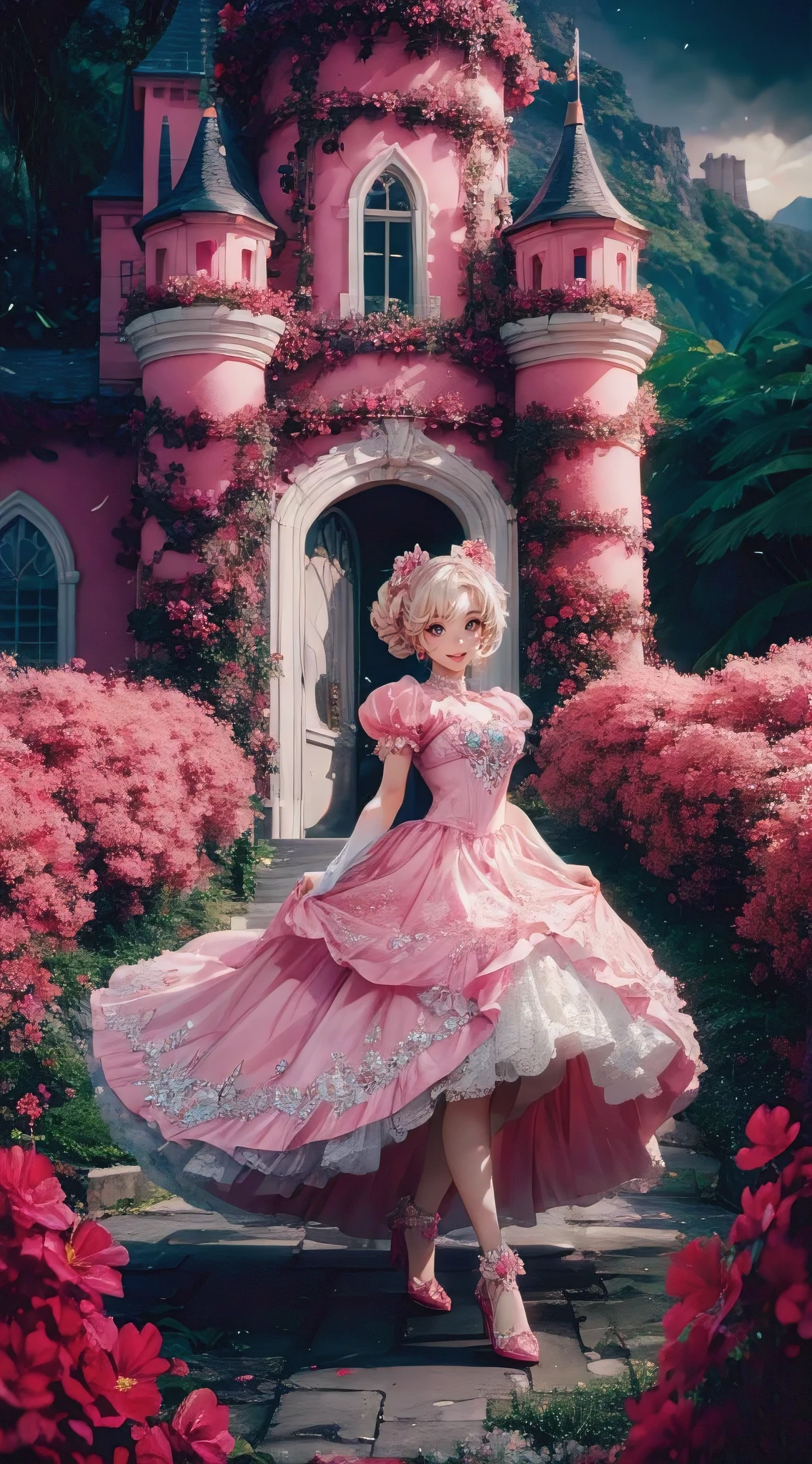 A stunning illustration of Disney's Daisy, portrayed as a beautiful anime character, standing elegantly in front of a picturesque pink castle surrounded by a lush, green valley filled with blooming shrubs. Daisy is dressed in a captivating pink gown with stunning heels and wears a playful expression. The castle boasts white accents and an intricate design, with a grand entrance that exudes elegance. The entire scene exudes a vibrant and dark fantasy atmosphere, capturing the essence of a cinematic painting or 3D render. The artwork embodies a conceptual approach, blending elements of product, poster, and portrait photography to create a captivating visual experience., painting, product, anime, illustration, 3d render, portrait photography, photo, vibrant, poster, conceptual art, dark fantasy, cinematic