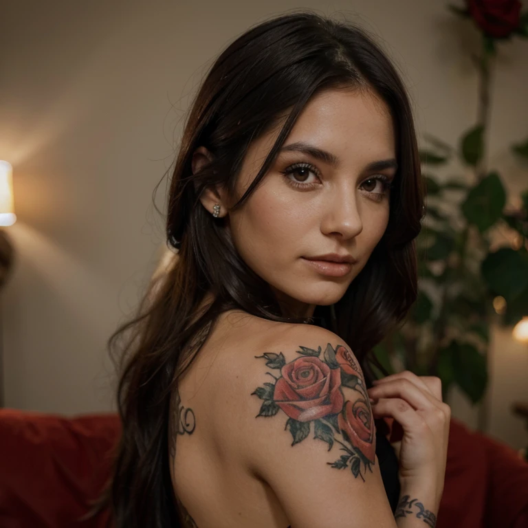 A beautiful Argentinian woman with flowing dark hair, piercing eyes and a delicate tattoo of a red rose on her wrist.