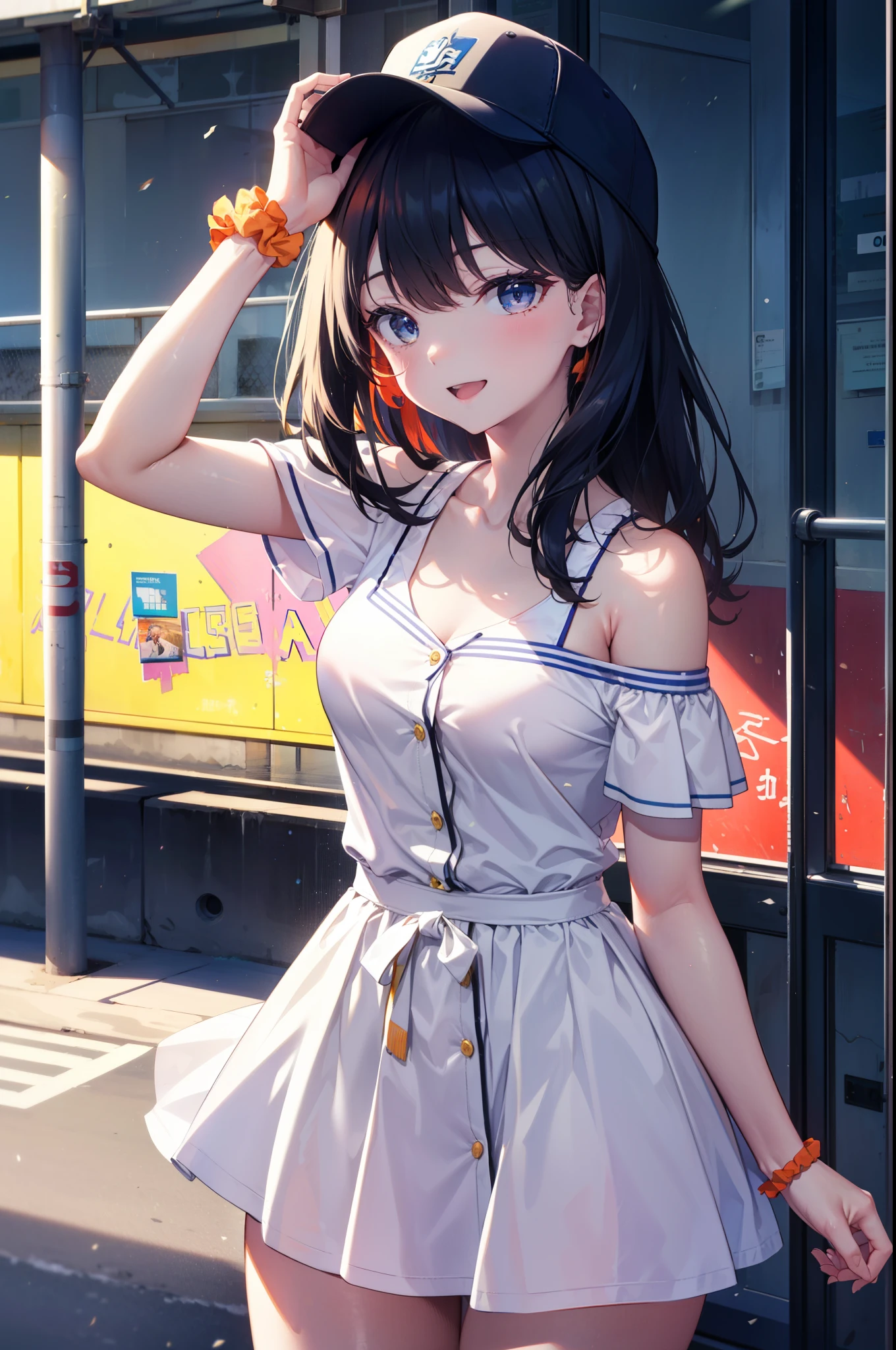 Rikka body, rikka takarada, Black Hair, blue eyes, Long Hair, orange Scrunchie, Scrunchie, wrist Scrunchie,Off-the-shoulder sleeveless dress,Bare shoulders,Bare neck,Bare arms,bare clavicle,Long skirt,sneakers,Baseball hats,happy smile, smile, Open your mouth,whole bodyがイラストに入るように,
break outdoors, Coastal Road,
break looking at viewer,whole body, (Cowboy Shot:1.5),
break (masterpiece:1.2), highest quality, High resolution, unity 8k wallpaper, (figure:0.8), (Beautiful fine details:1.6), Highly detailed face, Perfect lighting, Highly detailed CG, (Perfect hands, Perfect Anatomy),