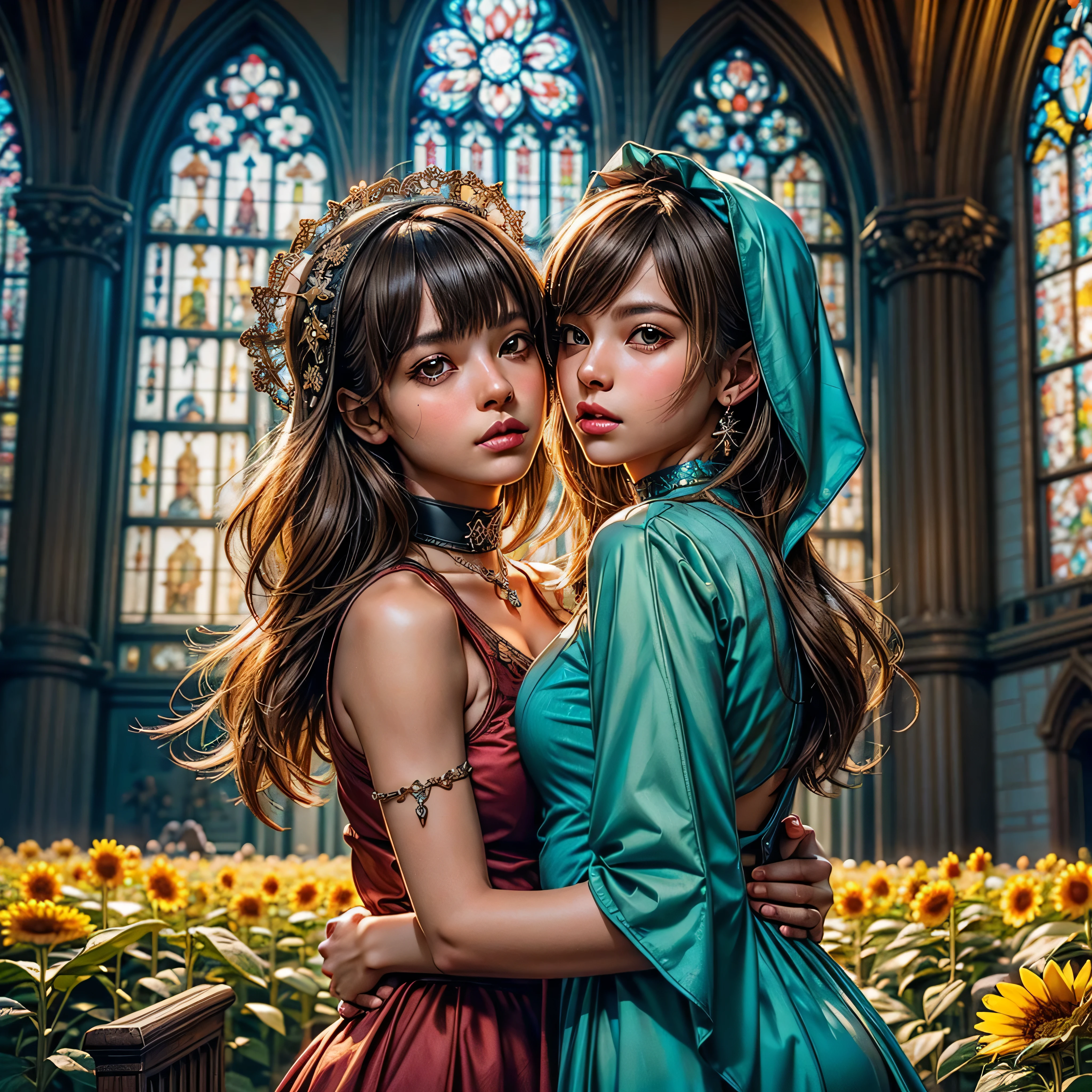 sunset,A two girl with embrace each other, blonde europe kid{{epic masterpiece}}}}, {{{Super detailed}}}, {{{ultra high resolution}}}, {{good anatomy}}, (((max best quality))),((emerald eyes,brown hair)),{{Extremely detailed and refined}}, {32K xt3 64K CG epic wallpaper}, {{epic illustration}}, ((dark skin,african lady,dark brown skin)),((zoom in,bust,upper body shot,extreme close up to face,bigger eyeballs)),(long hair|Detailed hair|blunt bangs|shiny hair),(((nun))),(simple maid dress,long sleeves),(arch canthus,),cross_necklace,{{{solemn,emotionless,clam face}}},(mystry,mature,1 woman:1),small breasts, (Color difference:1.2),(church background),arms down,hands down, Blonde Nadia with ((fleuraison kindergarten)) and a choker rose, epic Mistress stunning dream vibrant DSLR colorful epic tmasterpiece extremely symmetrical meticulously intricate detailed ultra_high-resolution ultra_high-definition ultra_high-quality, saturate, reflection, epic micro ultra high-details,beautiful detailed landscape,bright sunlight,golden rays,summer colors,vibrant,warm tones,rolling hills,green meadows,fluffy clouds,gentle breeze,peaceful atmosphere,sunflowers in bloom,shadows and highlights,dappled light,impressionistic brushstrokes,texture and depth,harmony of colors,serene natural scene,tranquil beauty,functional perspective,blurred background,euphoric feeling,harmonious composition,instinctive brushwork,artistic expression,wispy clouds,glowing horizon,line and form,calm and soothing,pleasing to the eye, epic micro ultra high-details, varies multi etc. --v 6 --s 1000 --c 20 --q 5 --chaos 100