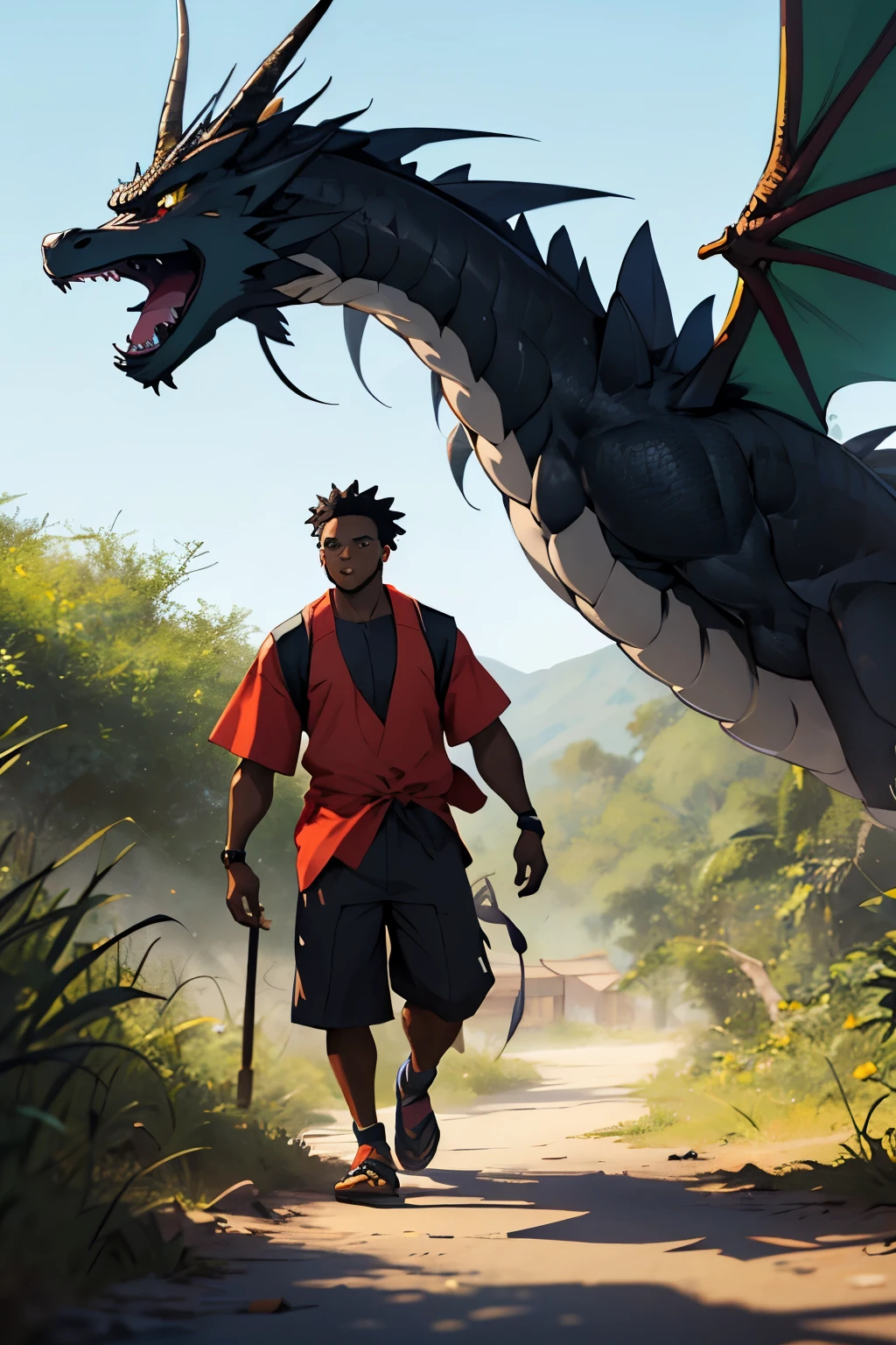 A black skin boy male cartoon character walking in the African region encounters big black dragon