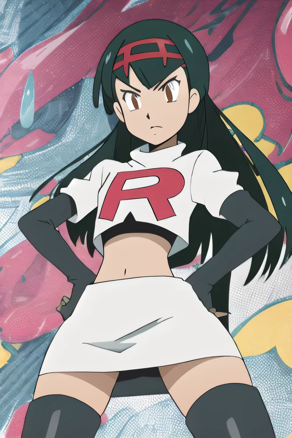 masterpiece,best quality,high res,high quality,8k, masterpiece,highres, team rocket uniform, red letter r, white skirt,white crop top,black thigh-high boots, black elbow gloves, glaring angrily, looking down at viewer, hands on hips, cowboy shot, zettai ryouiki,spread legs,from below, black panties,anime style, vivid colors, sharp focus, intense lighting,Persona4YukikoAmagi,long hair,black hair,brown eyes,headband 