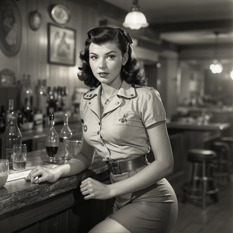 Full body portrait of Betty Page, alone (in a short sailor outfit, 1940s, very detailed: 1.5), (finely detailed face, 1.5 inches), (1940s hairstyle with a high pompadour: 1.5 inches), (slim body, voluptuous, small hips: 1.8), (leaning on a bar rail: 1.5 inches), (inside a dim, old big band bar from the 1940s: 1.4 inches), (soft studio lighting, volumetric shadows), JCH Street Pan film, ISO 100.

Betty Page,