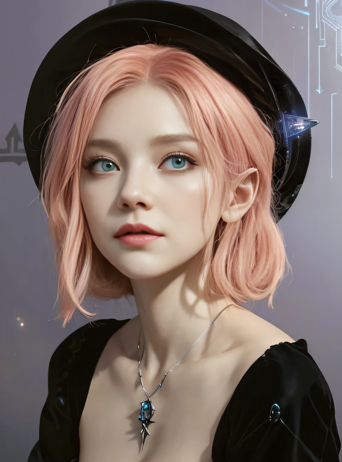 depicts a modern-day witch who has embraced the world of cybernetics to enhance her magical abilities. The artwork should convey the enchanting blend of traditional witchcraft and futuristic technology. Here are some specific elements to include:
The Witch's Lair: The setting should be a cozy yet slightly eerie room, filled with magical books, crystal balls, potion ingredients, and antique furnishings. The room should be dimly lit by candles and a soft, mystical glow emanating from her cybernetic enhancements.
The Cyborg Witch: The central focus of the artwork is the witch herself. She's a striking figure with a mix of traditional witch attire and cybernetic enhancements. Her clothing should have a witchy, occult aesthetic, with flowing robes, a pointed hat, and an intricate pentagram necklace. Her arms, however, have been upgraded with cybernetic components that incorporate magical symbols and glowing runes.
Magical Interface: The witch is in the midst of casting a spell, with a holographic, touch-screen interface floating before her. This interface includes spell incantations, arcane symbols, and digital components, demonstrating her fusion of magic and technology.
Spell Ingredients: On a nearby table, there should be a collection of spell ingredients, like herbs, potions, and magical artifacts. Some of these items may have been modified with cybernetic enhancements, blurring the line between the natural and the technological.
Familiar: The witch's familiar, perhaps a cat or raven, should be present in the scene, serving as her magical companion. The familiar could also have subtle cybernetic enhancements or glowing eyes.
Glowing Runes: The room should be adorned with ancient symbols and glowing runes on the walls and floor, contributing to the magical atmosphere.
Aetherial Lighting: Use a combination of mystical, ethereal lighting and cybernetic glows to create a captivating interplay of light and shadow. The contrast between the tradit
