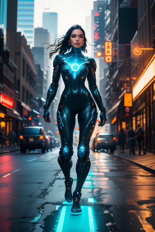 A cyborg woman on a motorcycle is speeding through the streets, accompanied by the sound of roaring engines. The motorcycle she is riding is a state-of-the-art model, featuring a sleek and modern design that reflects the futuristic theme. Its streamlined body and metallic finish make it stand out among other vehicles on the road.
The woman herself is a striking figure, dressed in a form-fitting black suit that accentuates her slim body and beautiful figure. Her attire exudes a sense of power and sophistication. Her long, flowing hair billows behind her as she rides, adding a touch of elegance to the scene.
The woman's face is a fascinating blend of human and machine. Her cybernetic implants are intricately detailed, with metallic textures and complex circuitry. The most notable feature is her glowing blue eyes, which emit a mesmerizing light. These eyes reflect her enhanced vision and hint at her extraordinary capabilities.
As she accelerates through the bustling city streets, the woman exhibits a determined expression on her face. Her confident and focused gaze conveys her unwavering resolve and indomitable spirit. She is a force to be reckoned with, unyielding in her pursuit of her objectives.
The city streets come alive with vibrant colors and dynamic lighting, adding a sense of energy and excitement to the scene. Neon signs illuminate the surroundings, casting a colorful glow on the streets below. The lights reflect off the glossy surface of the motorcycle, creating intriguing reflections and adding depth to the composition.
Captured in the best quality, the image showcases the minute details and hyper-realistic textures that bring the scene to life. The high-resolution and HDR effects enhance the overall visual impact, making every element pop with clarity and vibrancy. The image portrays a sense of realism that draws viewers into the cyborg woman's captivating world.
This artwork is truly a masterpiece, meticulously crafted with precision and artistry. E