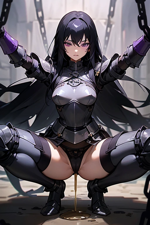 Only One Woman、Black Hair、Purple Eyes、Long Hair、Medium sized breasts、female knight、Wearing black armor、Wearing stockings、garter belt、Urinating in the cell、Spread your legs、Arms outstretched、Squat positions、Apathy、I feel weak、Spilling urine from the crotch、Handcuffs、Suppressed、Bound in chains