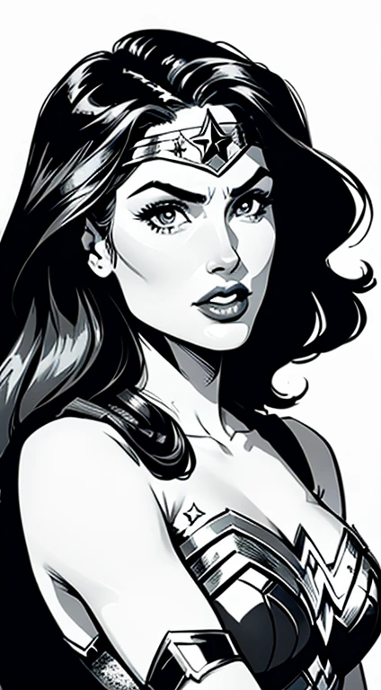 wonder wonder woman by steve - jones, portrait of wonder woman, wonder woman, dc comics art style, retro line art, black on white line art, vector line art, black ink line art, black and white line art, inked digital, vector ink drawing, comic book drawing, comic pinup style, intense line art, extremely fine ink lineart, dc comics style, full body 