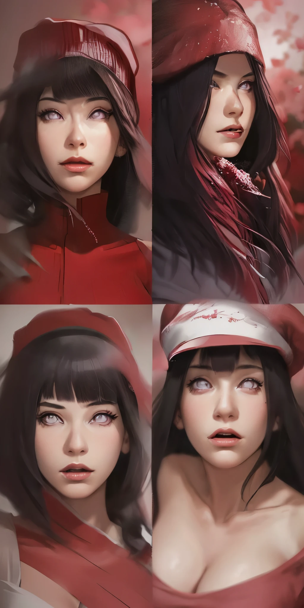 hat (((red and white clothes)))masterpiece, absurdres, hinata\(boruto\), 1girl, solo,mature female, off-shoulder crop top, looking at viewer, (falling petals), perfect composition, detailed lips, big breast, beautiful face, body propotion, blush, (pink lips), long hair, purple eyes, soft gaze, super realistic, detailed, photoshoot, realistic face and body, expression, seductive expression,(very huge bare tits)( red microdress )