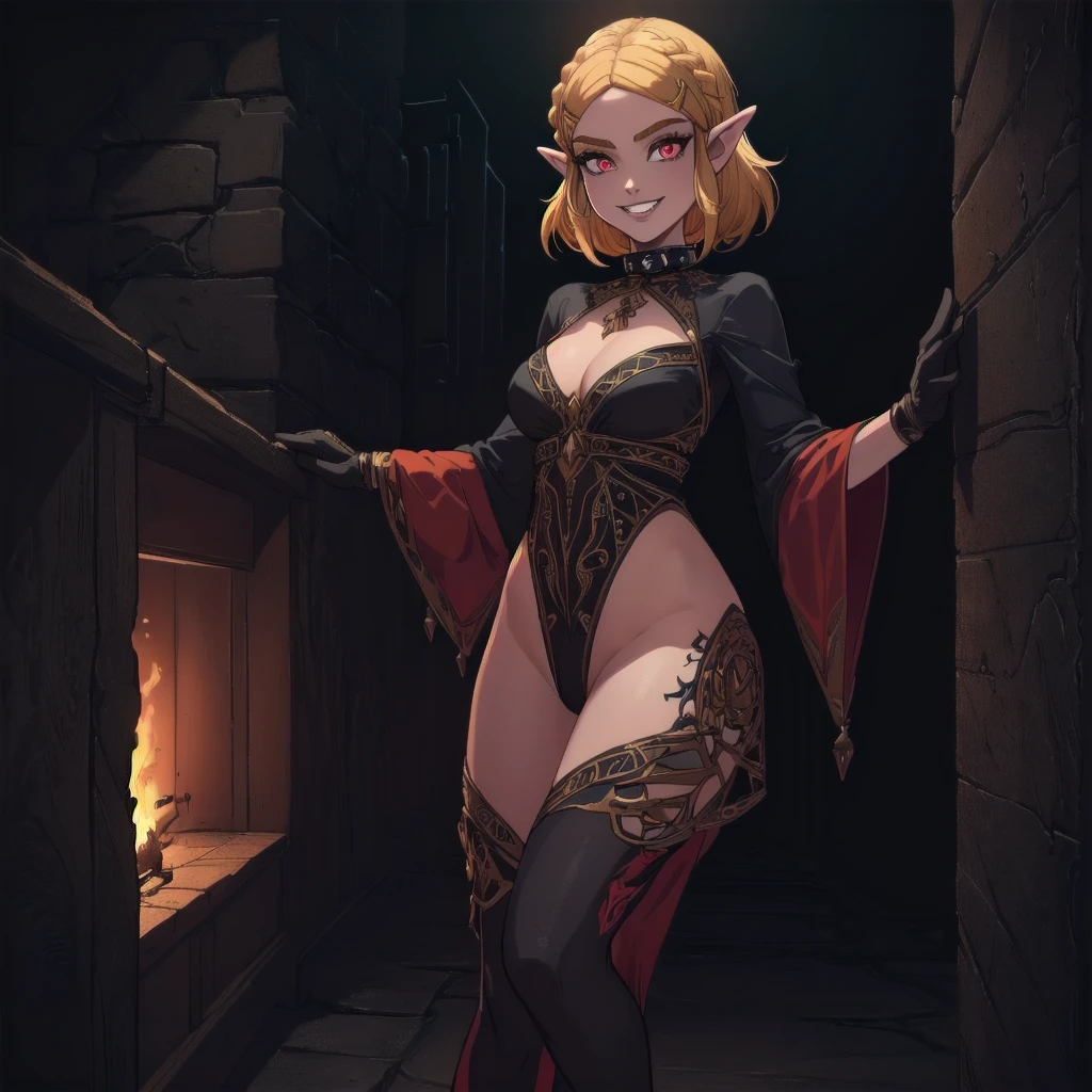 (zelda totk reimagined as a corrupted dark queen by ganon )+++, sfw++,masterpiece, best quality, high quality, illustration, film grain,(perfect female )++, beautiful detailed eyes, (symbol of evil:1.2),milf zelda, lascivious woman, (evil smile:1.1), (villain, dark heroine:1.2), (perfect female proportions:1.1), (seductive eyes:1.2), eyeliner, mascara, sexy makeup, (seductive smile:1.2), (mature woman:1.4),masterpiece, best quality, high quality, illustration, film grain, 1girl, (glowing evil red eyes), evil grin, crazy eyes, (high resolution, masterpiece, ultra best quality, insanely amazing hyper fine extremely detailed, official:1.4) dark heroine anime girl with short hair in a dark and evil place, extremely detailed artgerm, (official:1.4), dynamic composition, (solo girl:1.4), {sfw}, masterpiece, ultra-detailed, iconic attack, dominatrix, spiked collar, dark kingdom, bad end, 1girl, solo female, solo focus, mature female, standing, full body, looking at viewer, dark zelda totk, dark queen, evil, corruption, contrapposto, mind break, blond hair, (short hair:1,5), evil smile, lips, eyelashes, evil grin, dark aura, thigh_clothes, ,alternate costume, bdsm, (intricate details:1.12), (intricate details, hyperdetailed:1.15), hdr, dungeon, (at night:1.2), fireplace, warm light, dramatic light, cinematic,creepy dungeon, dark aesthetic, goth aesthetic, creepy, ominous background, dark atmosphere, death atmosphere, green and red atmosphere, evil dungeon background, gothique, faint darkness, ((red glow crotch tattoo)),