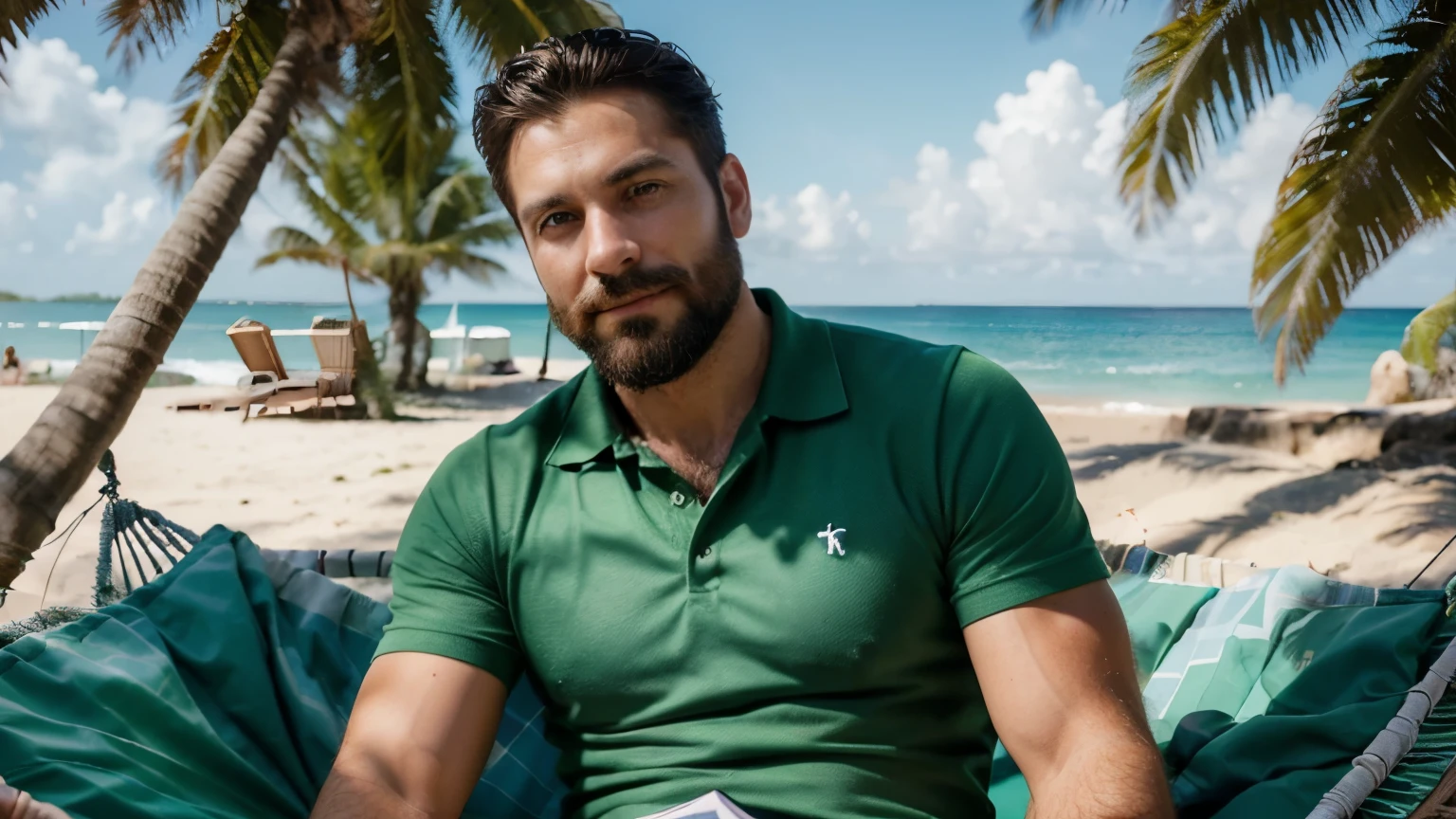 A photorealistic portrait of a successful, confident 30-year-old male entrepreneur. Emphasize his expressive green eyes , groomed beard and mustache , a strong jawline, and a subtle, knowing smile. Lying on a hammock on a beach with a book reading it. wearing a polo shirt and looking in direction of the water