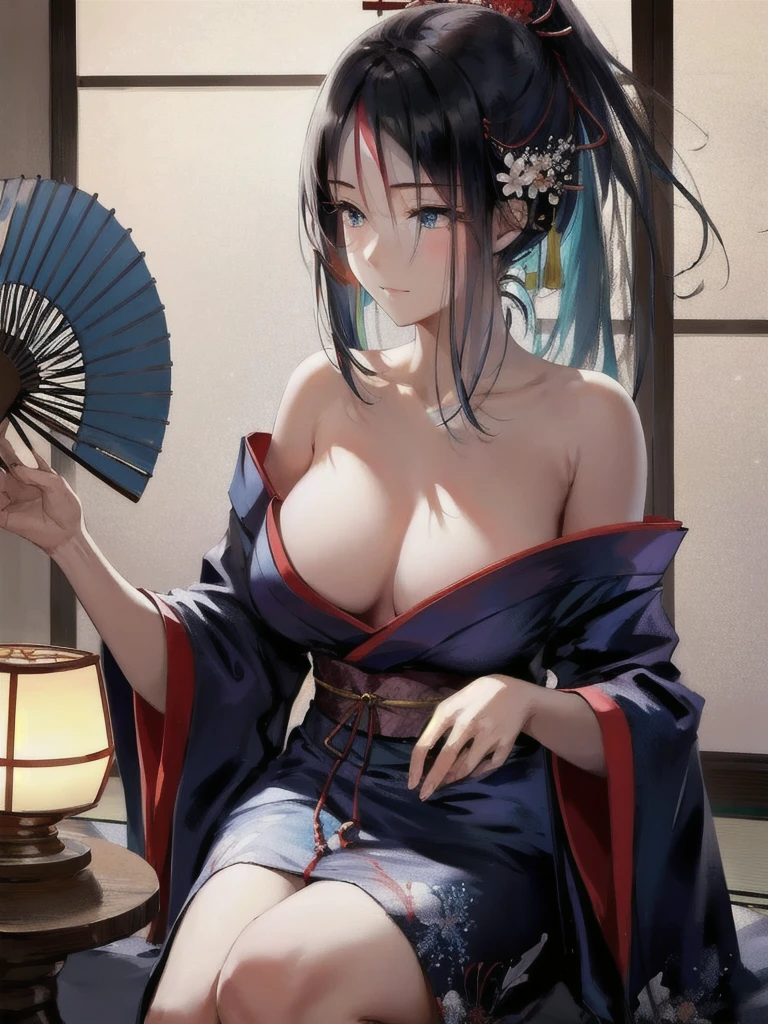 In a tasteful Japanese-style room、A beautiful woman sat quietly。In search of coolness、The figure of her gracefully manipulating the fan in her hand、It's as if it jumped out of an ukiyo-e painting.。Her porcelain-like skin shines in the sunlight、Her lips, as pretty as cherry blossom petals, are smiling faintly。From the cool, narrow eyes、Deep black, shining eyes stare into silence