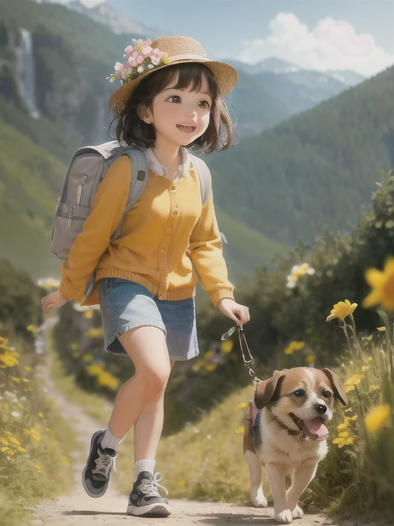 quickly: Charming girl with backpack, With her cute puppy, Enjoy a wonderful spring outing，Surrounded by beautiful flowers and natural scenery. This illustration is a high-definition illustration with 4k resolution, Features highly detailed facial features and cartoon-style visuals.
