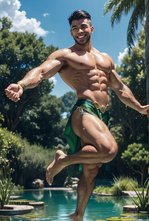 A towering, muscular man in a green waterproof tapas dances exuberantly on a platform over a vibrant fish-filled pond. His body glimmers with the reflection of small, scattered diamonds, and his smile is radiant as he moves in harmony with the rhythm of the water.