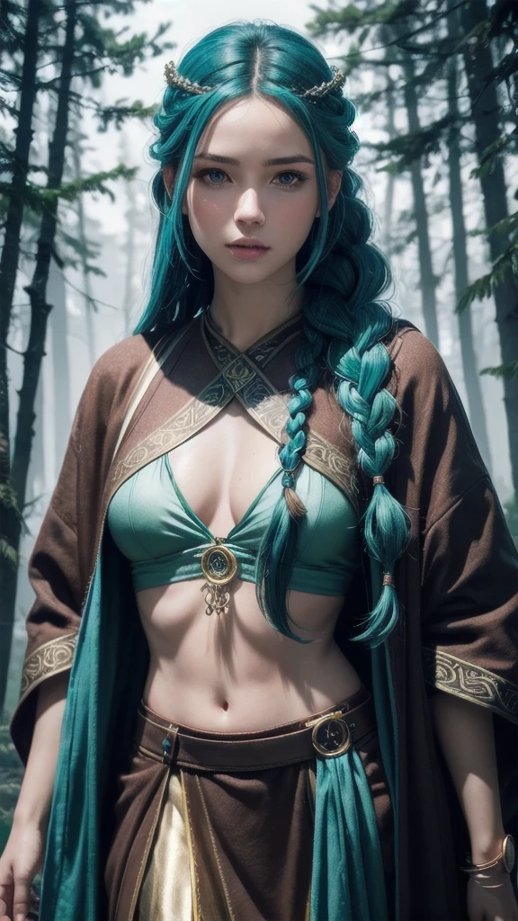 RAW, professional photograph, medium shot, photorealistic, hyper-realistic, ray tracing, super detail, UHD, 8k, female, twenty years old, athletic body, soft facial features, long braided hair, Celtic hairstyle, straight hair, cyan hair, cyan eyes, Celtic clothing, forest in winter, sharp image