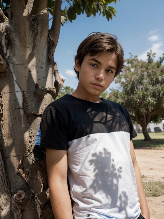A 13 year old boy under a tree, con short negro, rasgos finos, piel blanca, blue eyes light brown hair, very light brown eyes, de pie,