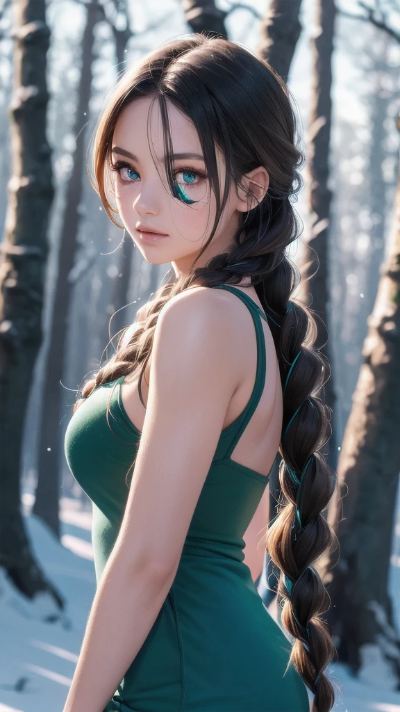 RAW, professional photograph, medium shot, photorealistic, hyper-realistic, ray tracing, super detail, UHD, 8k, female, twenty years old, athletic body, soft facial features, long braided hair, Celtic hairstyle, straight hair, cyan hair, cyan eyes, Celtic clothing, forest in winter, sharp image