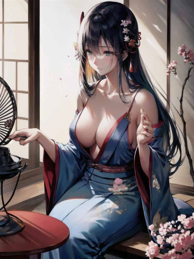 In a tasteful Japanese-style room、A beautiful woman sat quietly。In search of coolness、The figure of her gracefully manipulating the fan in her hand、It's as if it jumped out of an ukiyo-e painting.。Her porcelain-like skin shines in the sunlight、Her lips, as pretty as cherry blossom petals, are smiling faintly。From the cool, narrow eyes、Deep black, shining eyes stare into silence