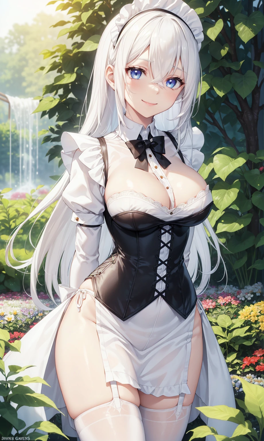 shine white skin.a girl, (((slim body))), (((Maid clothes))),wet, ((( Flower Garden))), slim body, , slender, body, a pretty girl, Smile, black corset,White hair, ((white cream hair))), w, towa, long_hair, 1girl, solo, blue_eyes, bangs, hair_between_eyes, smile,(((GIANT breaths)))