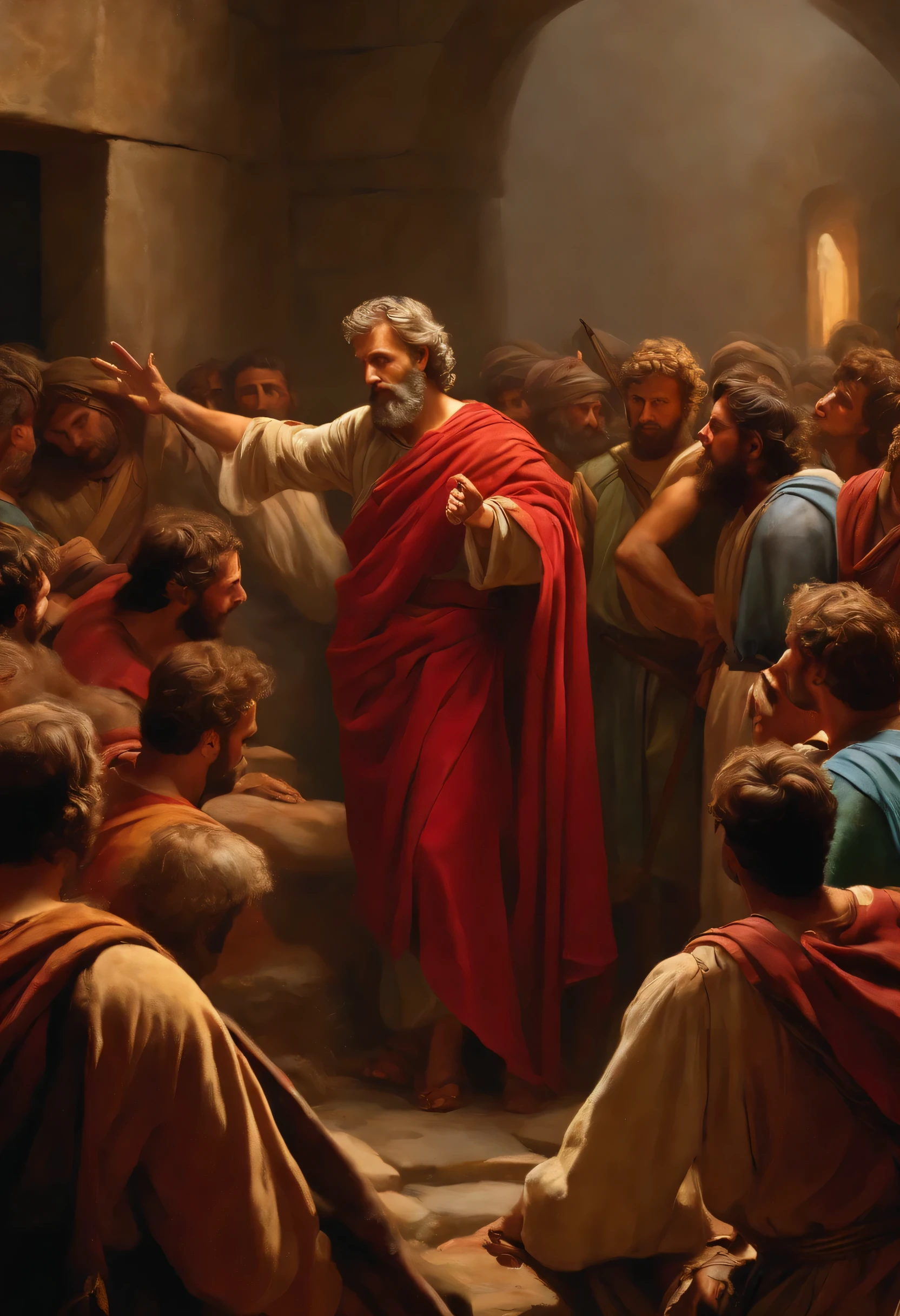 Create an image that depicts the Apostle Paul in a moment of detention by Roman soldiers, captured in a scene that reflects the transition of his life before becoming a follower of Christ to the pivotal moment of his conversion.