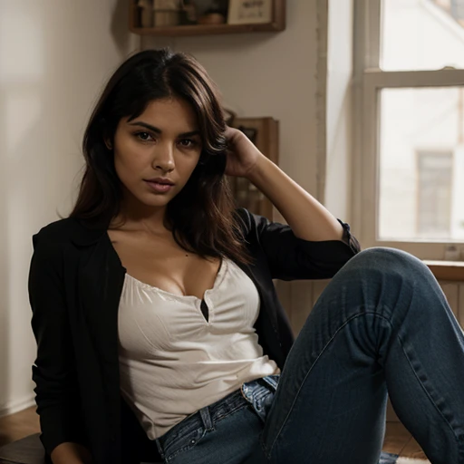 Female detective, half indian half black, jeans, chemise noire, manteau rouge, cheveux noirs flottants