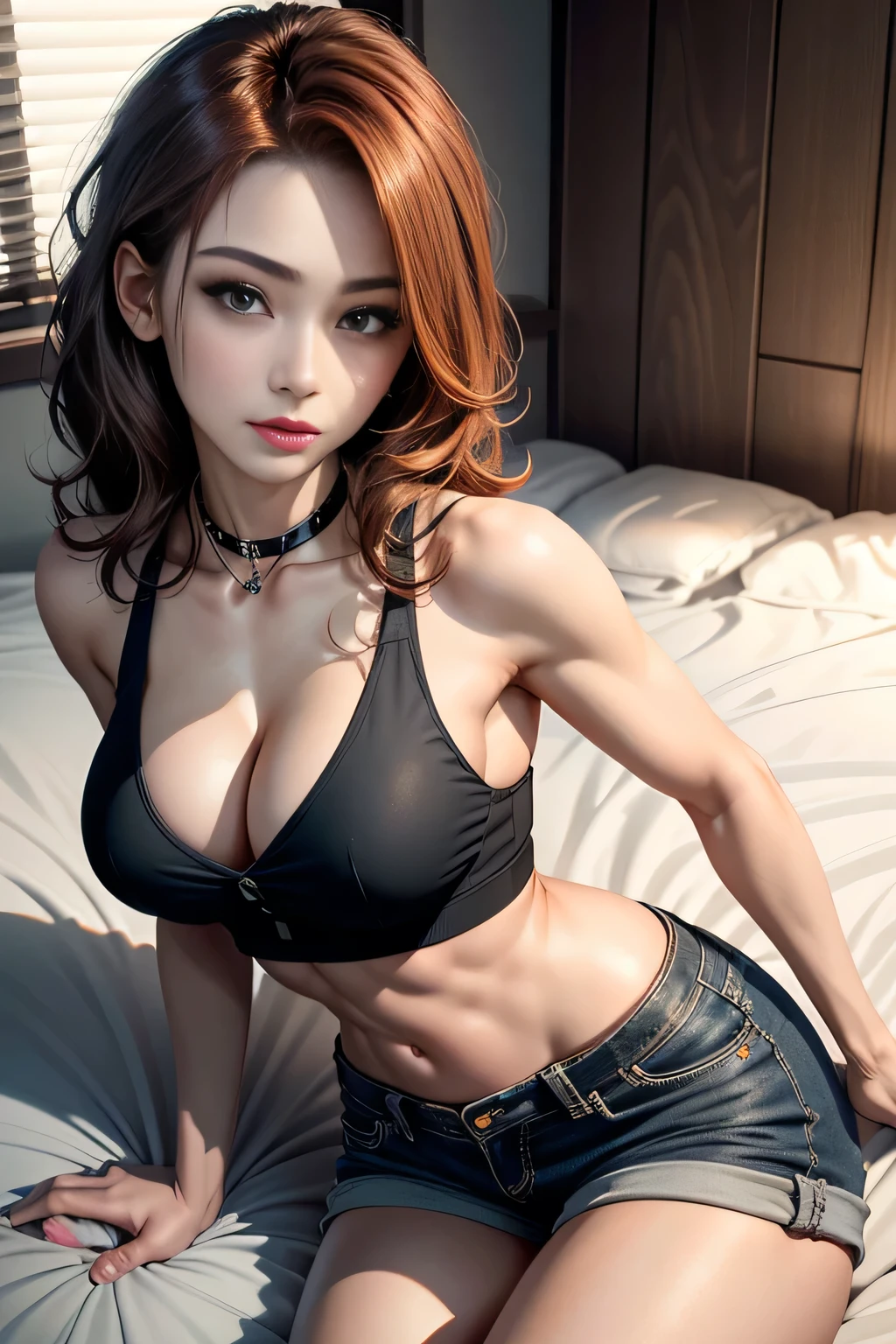 sfw, ((lying on bed top view)), ((medium breast, tomboy girls, small head)), daylight, sunlight, (chiseled abs : 1.1), (perfect body : 1.1), (short wavy hair : 1.2) , auburn hair, collar, chain, full body shot, crowded street, wearing black tanktop, jeans jacket, ((shorts)), (extremely detailed CG 8k wallpaper), (an extremely delicate and beautiful), (masterpiece), (best quality:1.0), (ultra highres:1.0), beautiful lighting ,perfect lightning, realistic shadows, [highres], detailed skin, ultra-detailed, wearing bra,((skinny waist)), young asian girl, ((big breasted)),