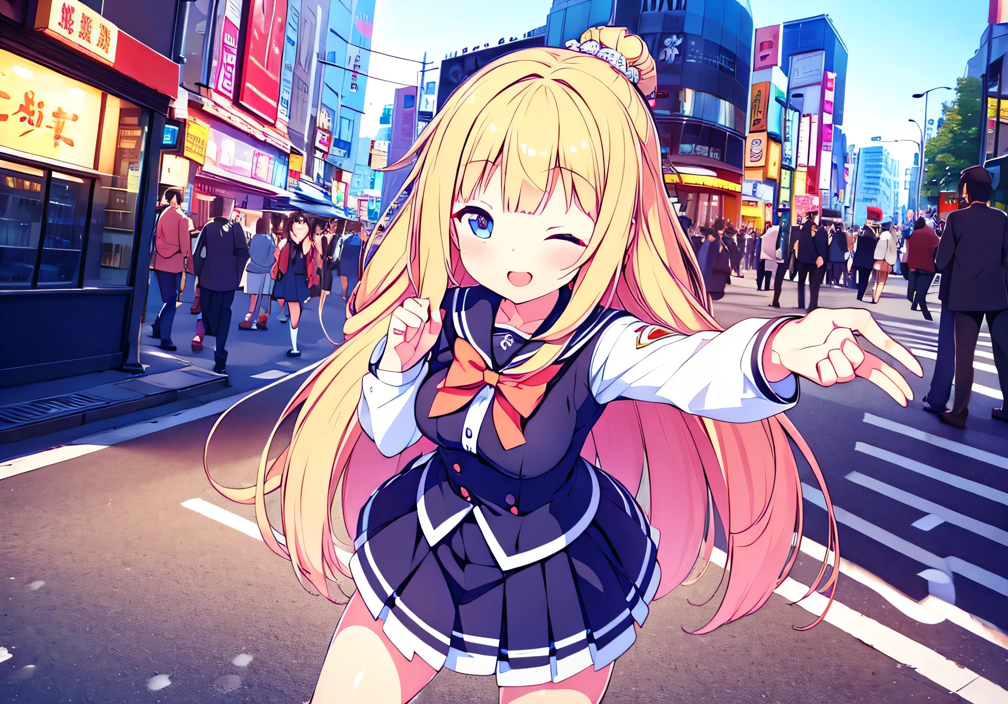 insanely detailed, absurdres, ultra-highres, ultra-detailed, best quality,
1 girl, solo, nice hands, perfect hands,
BREAK,
(one eye closed, wink:1.2),
(wearing winter school uniform),
happy smile, laugh, open mouth,
dynamic pose, cowboy shot, looking at viewer,
BREAK,
slender, kawaii, perfect symmetrical face, ultra cute girl, ultra cute face, ultra detailed eyes, ultra detailed hair, ultra cute, ultra beautiful,
by Canon EOS, SIGMA Art Lens 35mm F1.4, ISO 200 Shutter Speed 2000,
in harajuku, shibuya, tokyo, street, crowd, cityscape,
medium breasts, (cleavage:-1.5),
Full body