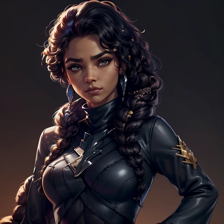 ((Black free fire game style female character)), ((arafed woman))((African-American Asian)), ((With black curly hair tied up with some loose strands)), ((And a black long-sleeved blouse purchased turtleneck written Girl)),((She is facing the camera looking to the side, black background and blue lightning))