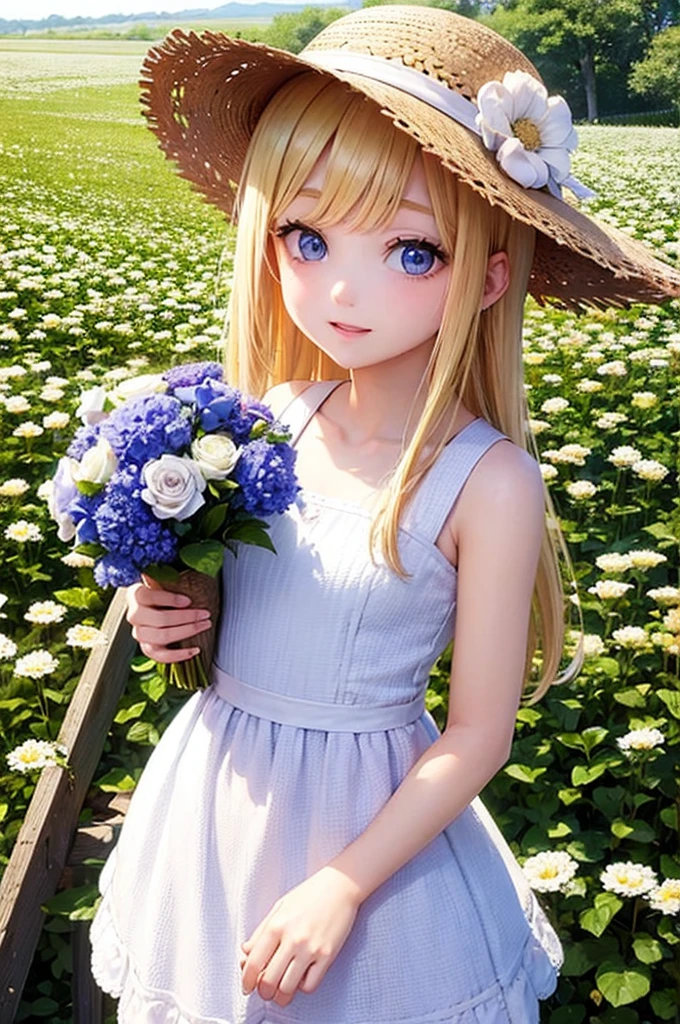 Blonde Hair Girl　Blue Eyes　Straw hat　White dress　puppy　Flower Field