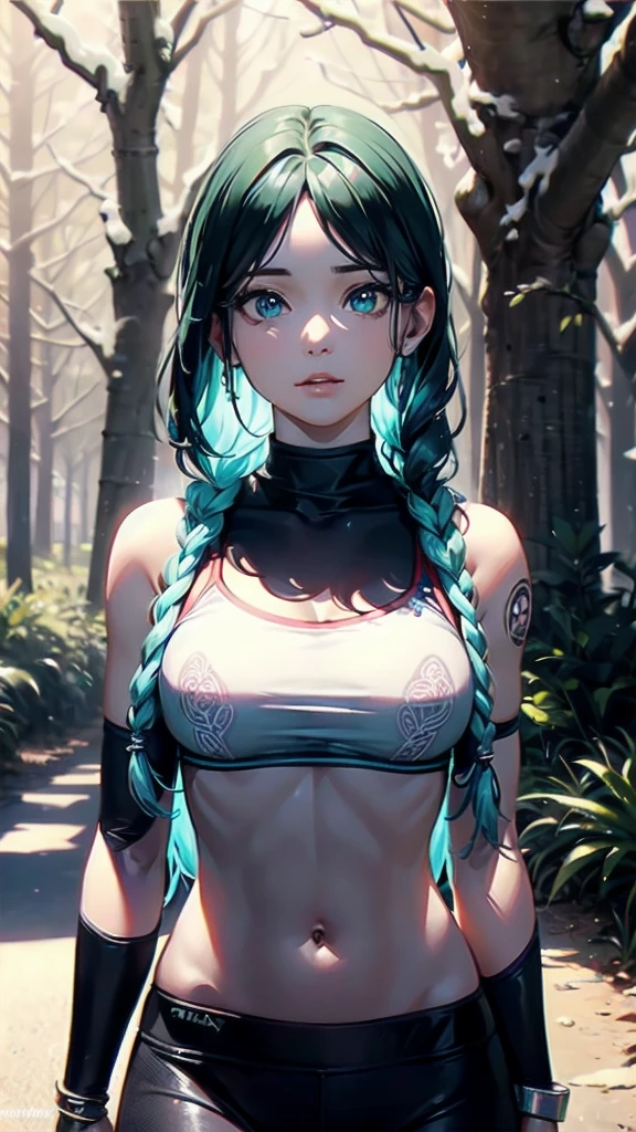 RAW, professional photograph, medium shot, photorealistic, hyper-realistic, ray tracing, super detail, UHD, 8k, female, twenty years old, athletic body, soft facial features, long braided hair, Celtic hairstyle, straight hair, cyan hair, cyan eyes, Celtic clothing, forest in winter, sharp image